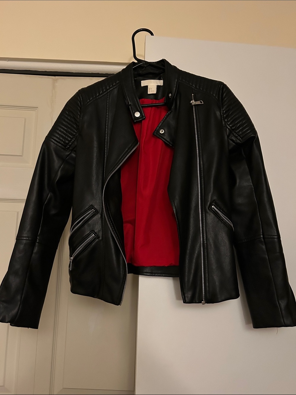 Leather jacket with red lining